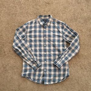 Tan and blue plaid dress shirt in mens medium